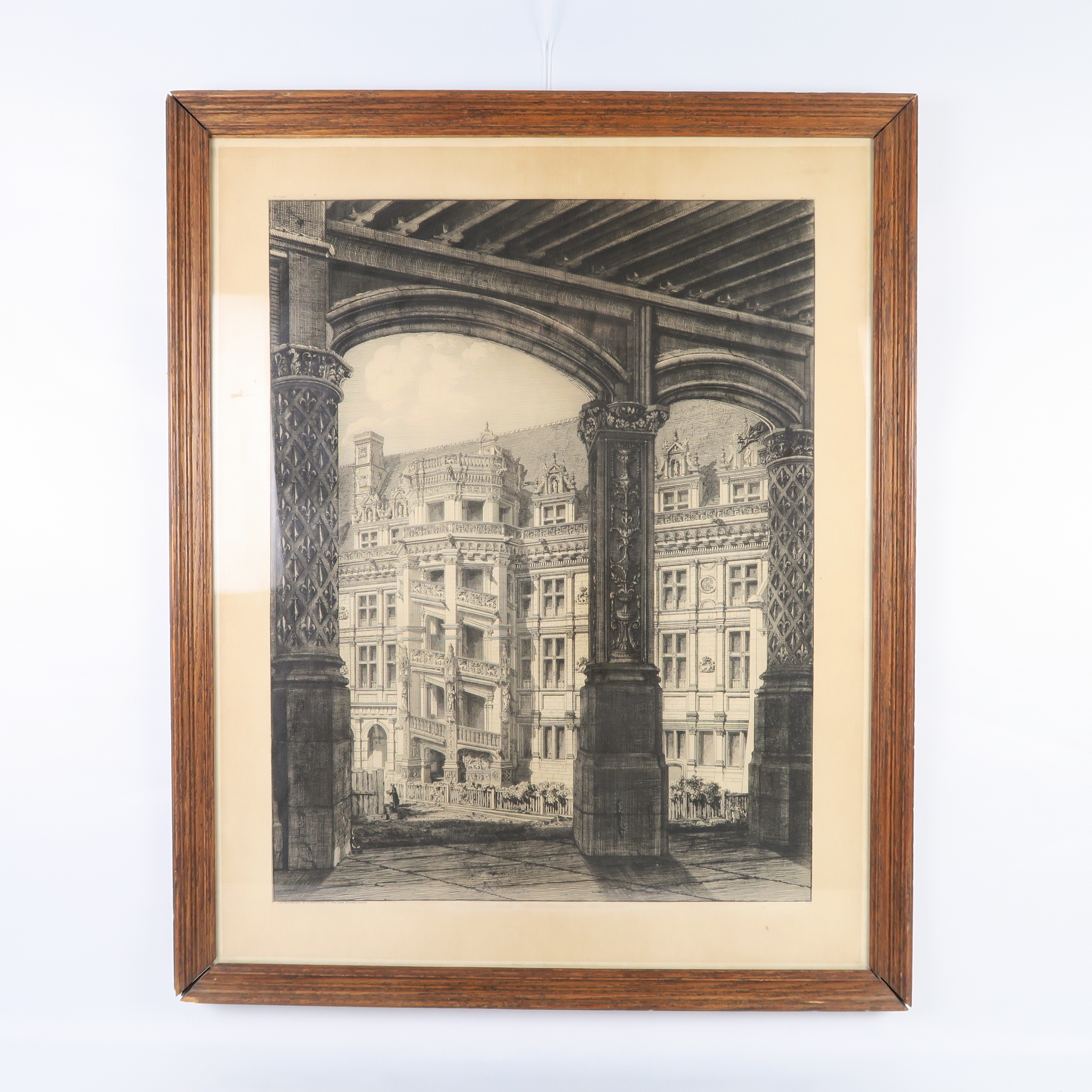 cadre en bois et lithographie arcades et immeubles