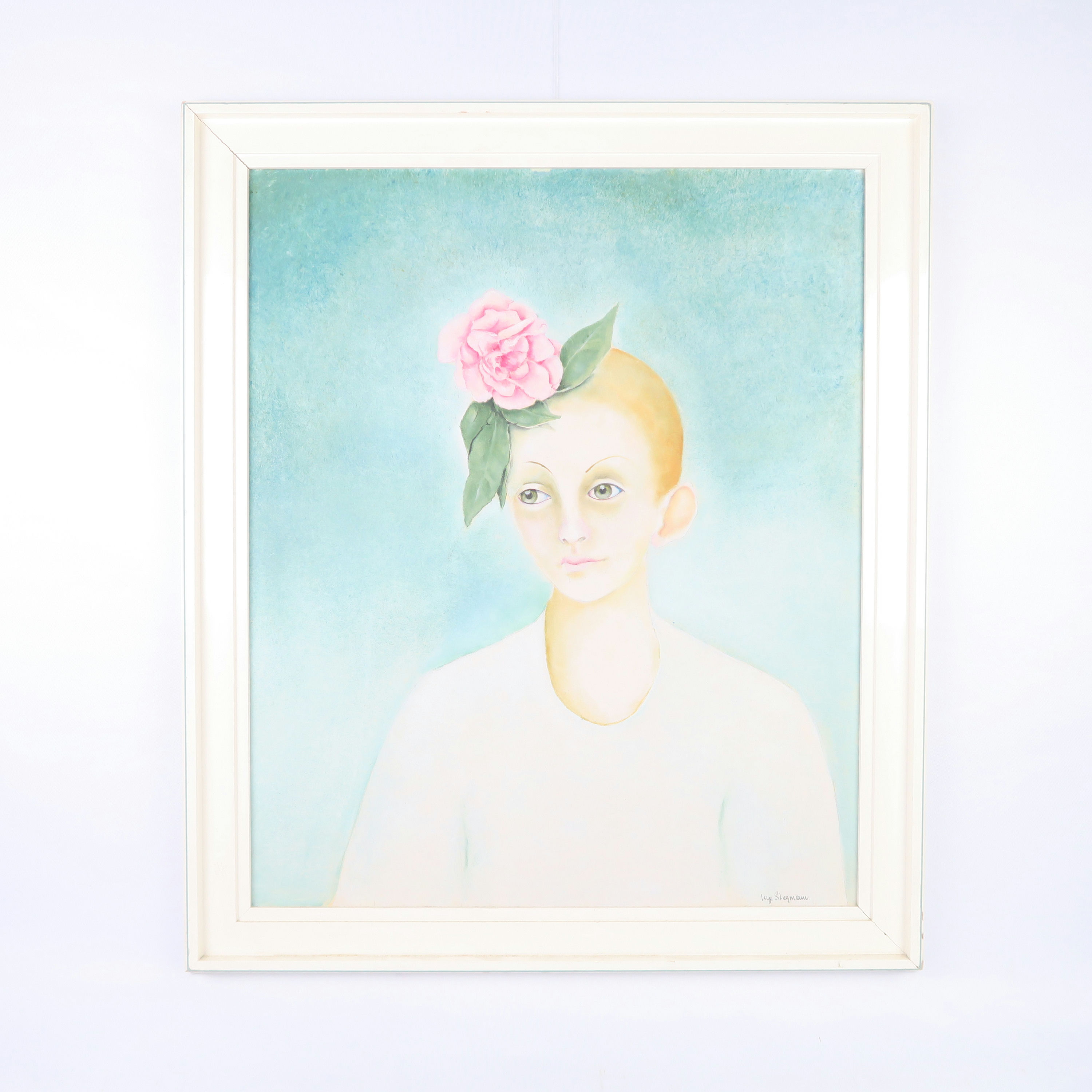 cadre blanc et peinture jeune femme et la rose 