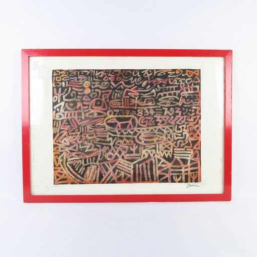 cadre rouge et peinture abstraite signé 'lerin'