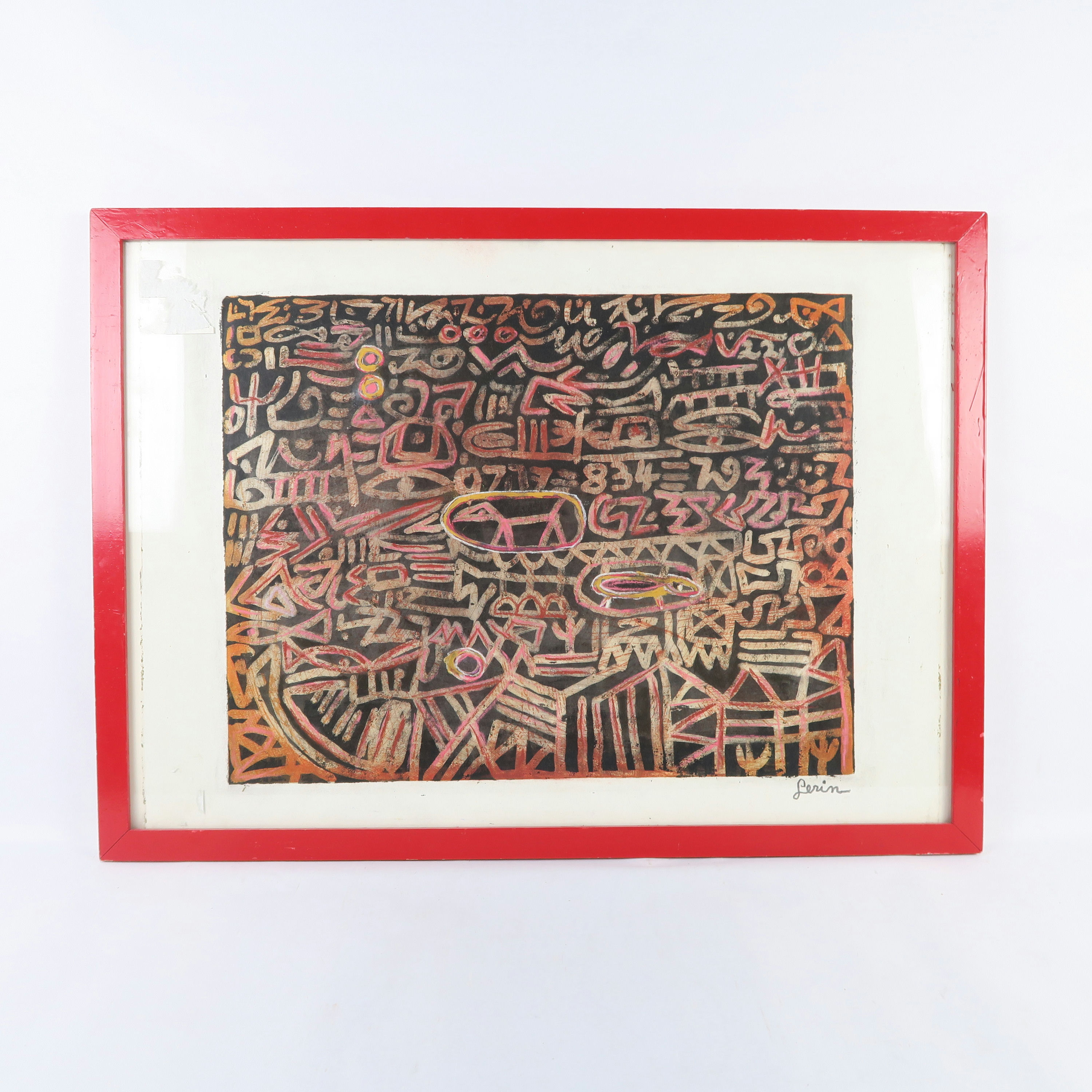 cadre rouge et peinture abstraite signé 'lerin'
