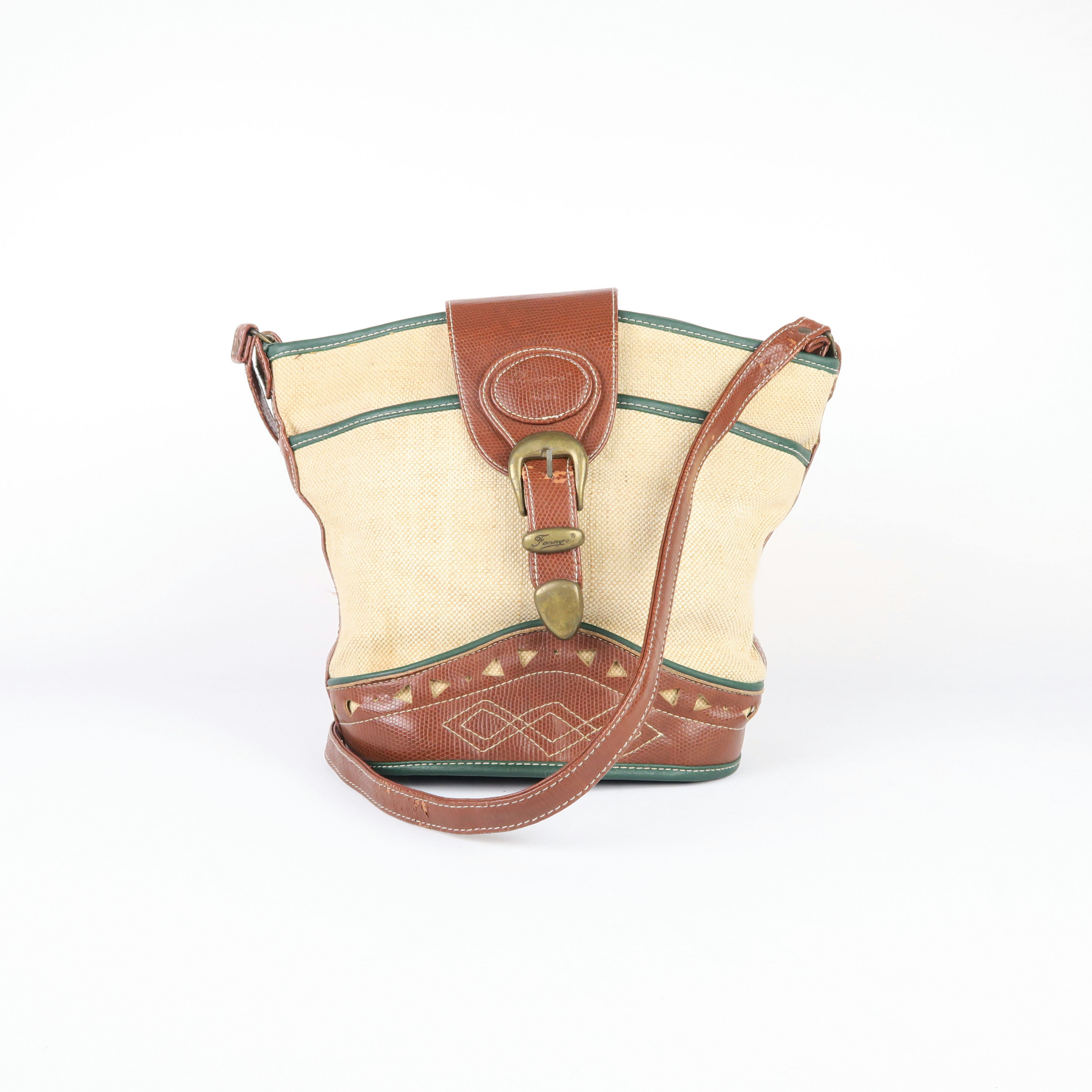 sac à bandoulière tissus et cuir marron 