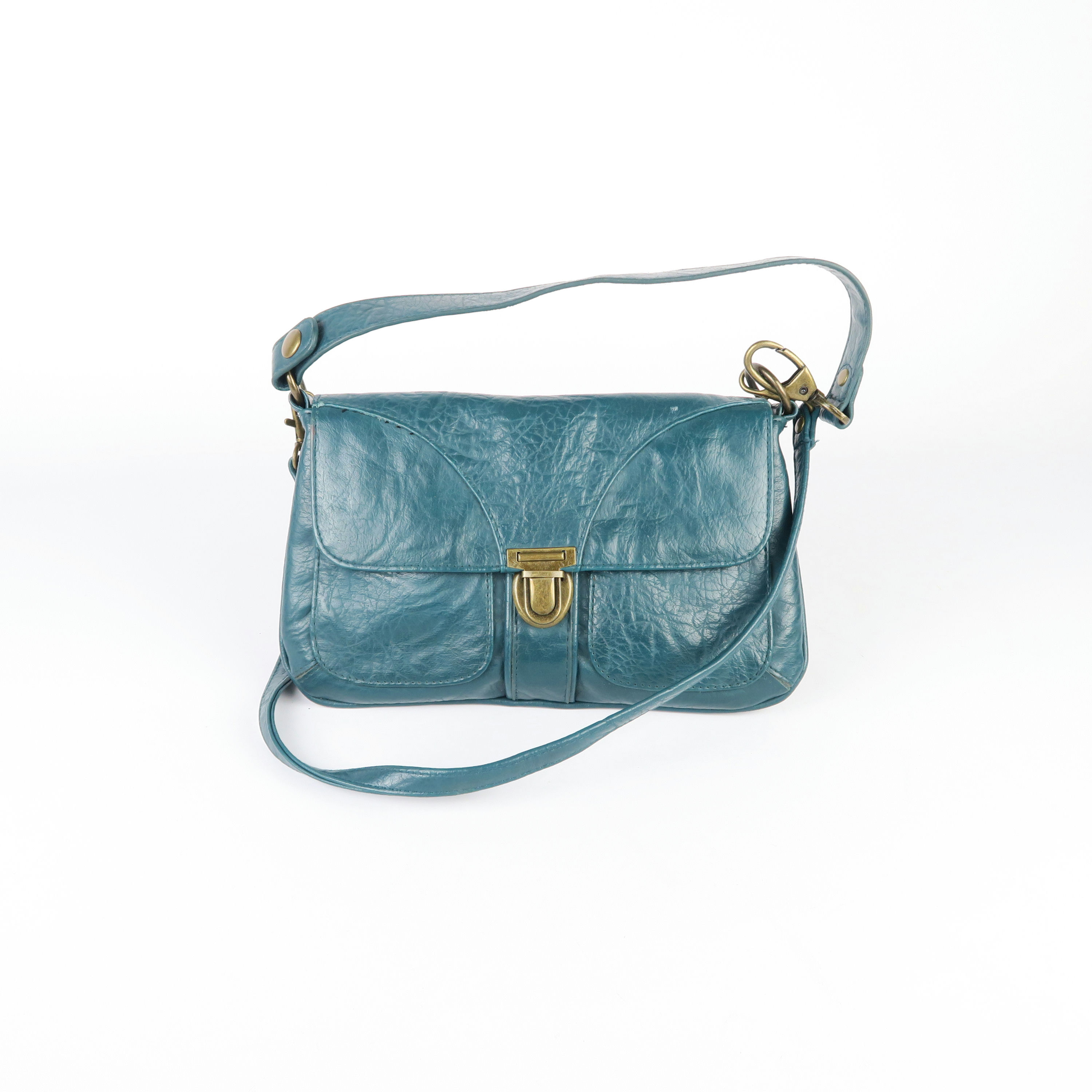sac à bandoulière double anse en cuir turquoise 