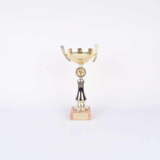 coupe dorée de football et socle en pierre orangée