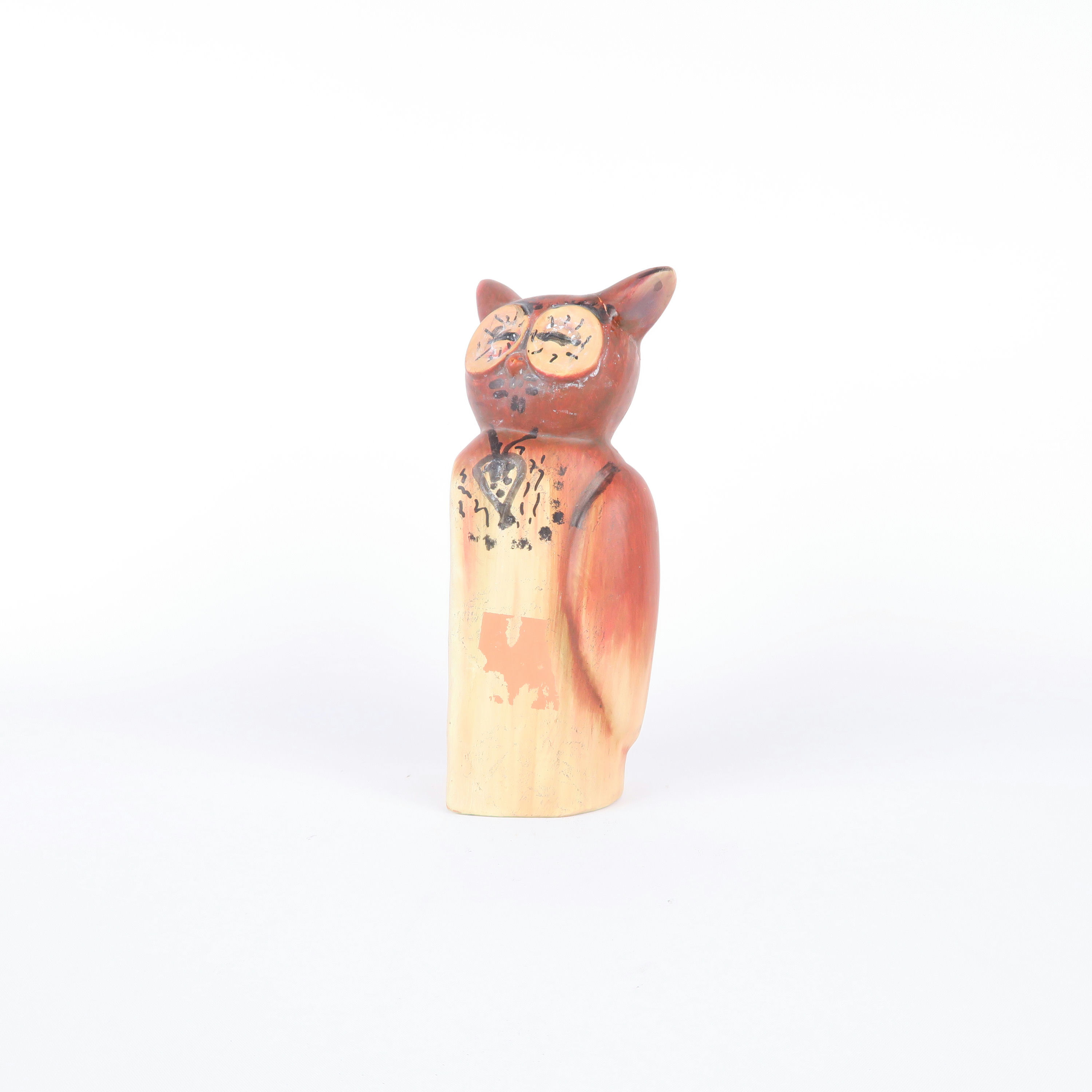sculpture hibou en terre cuite peinte