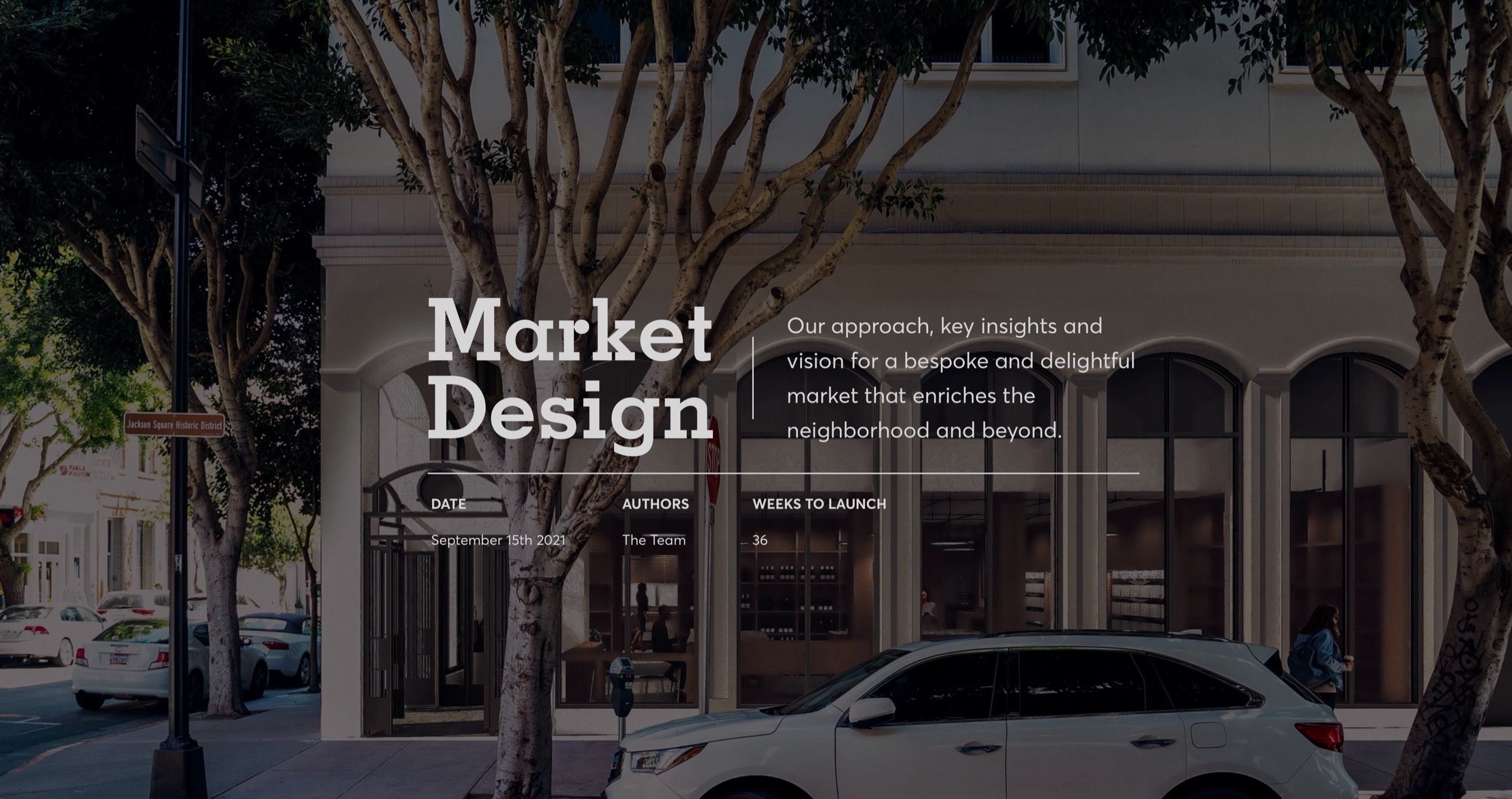 Cover slide of the Postscript Market Design deck, over a photo of the Jackson Square storefront