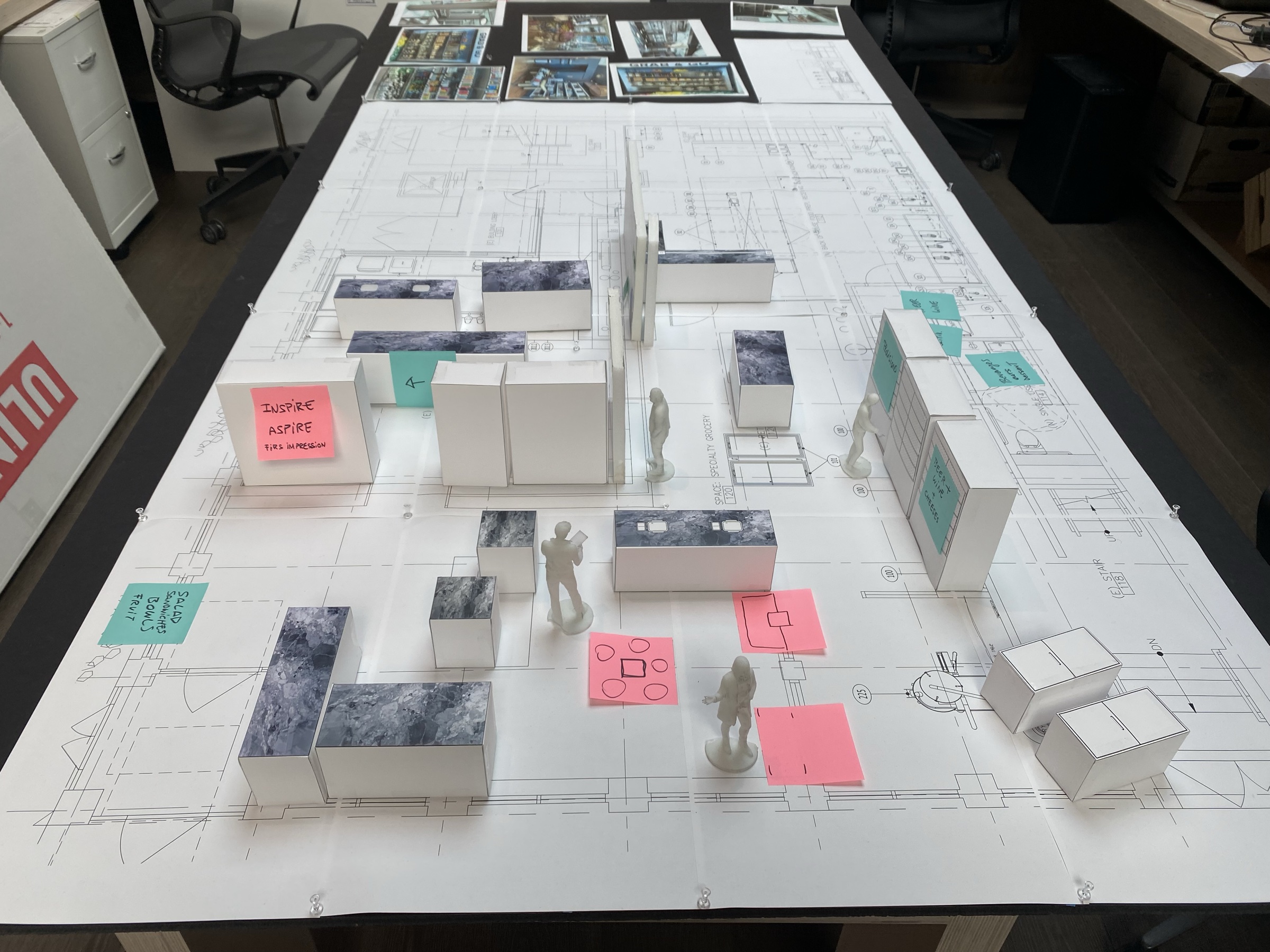 Foam-board model of the Postscript market floor plan with figures and sticky notes