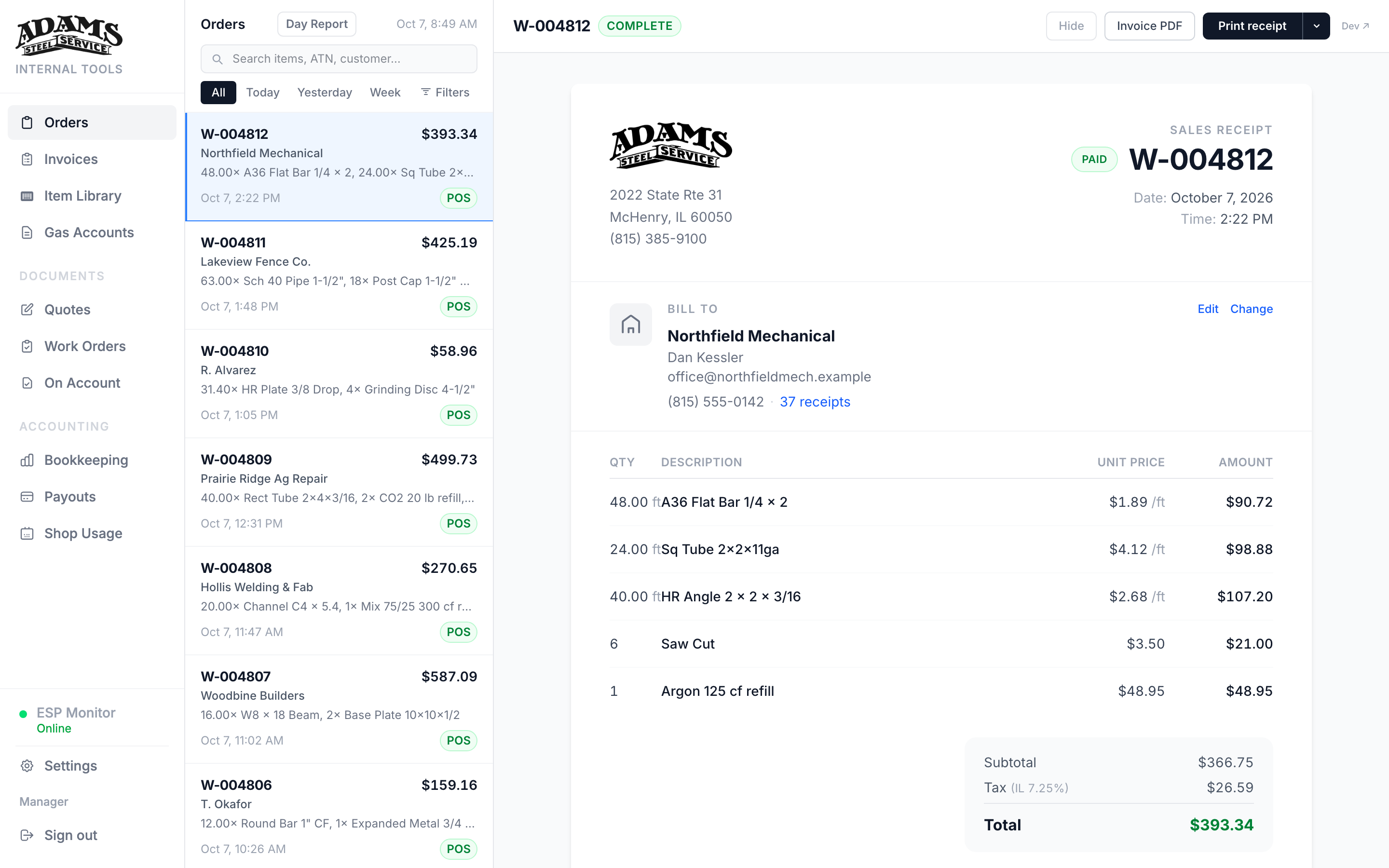 Adams Steel counter app: the orders list beside a sales receipt