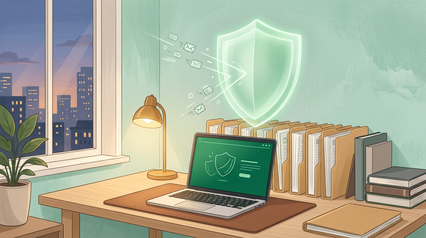 Glowing shield protecting a law office laptop and client folders from phishing emails