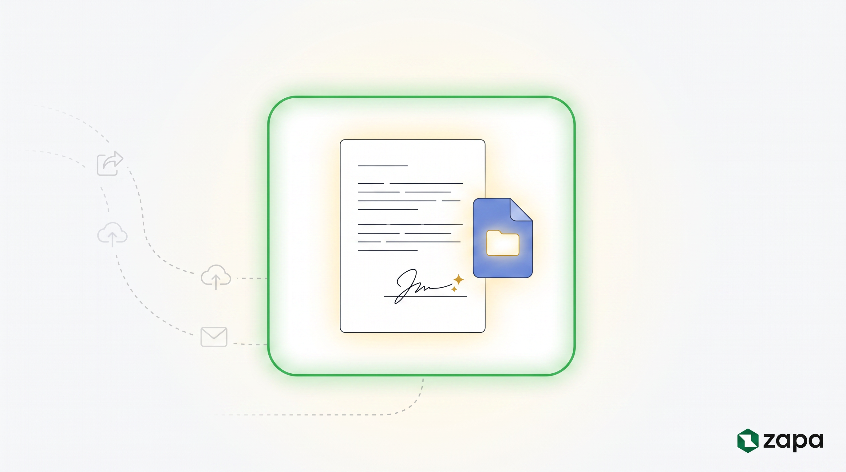Signed document and file icon inside a glowing portal boundary, with export, upload, and email steps fading away outside it