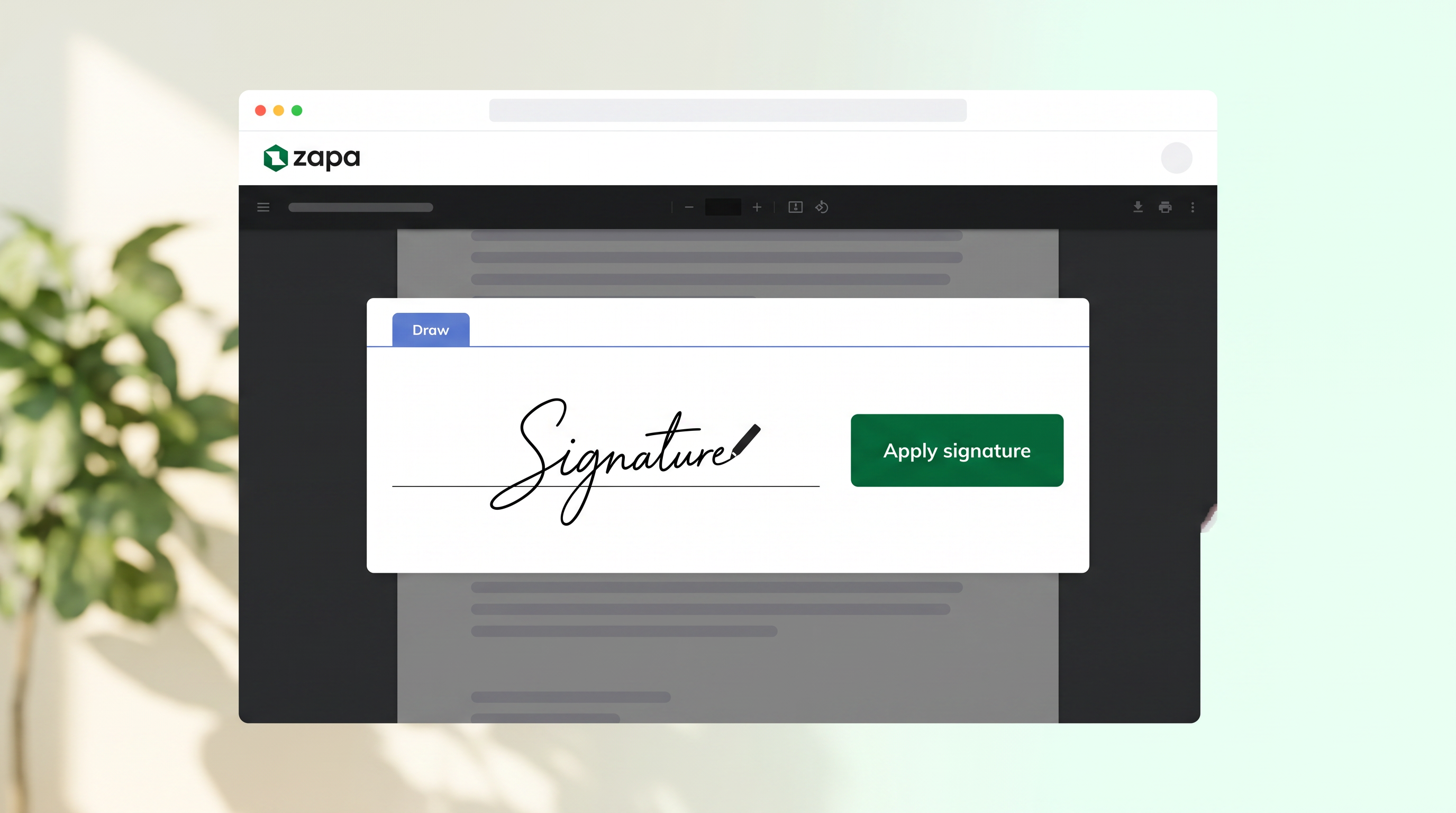 Zapa document viewer with the signature panel open and an Apply signature button