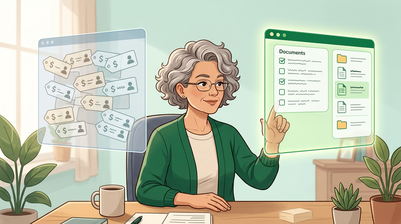 Illustration of an accountant choosing a clean flat-price client portal over a stack of per-user price tags