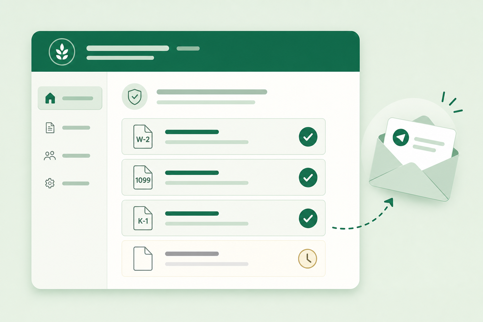 Zapa portal checklist of requested tax documents with completed items checked off and an automatic reminder email going out