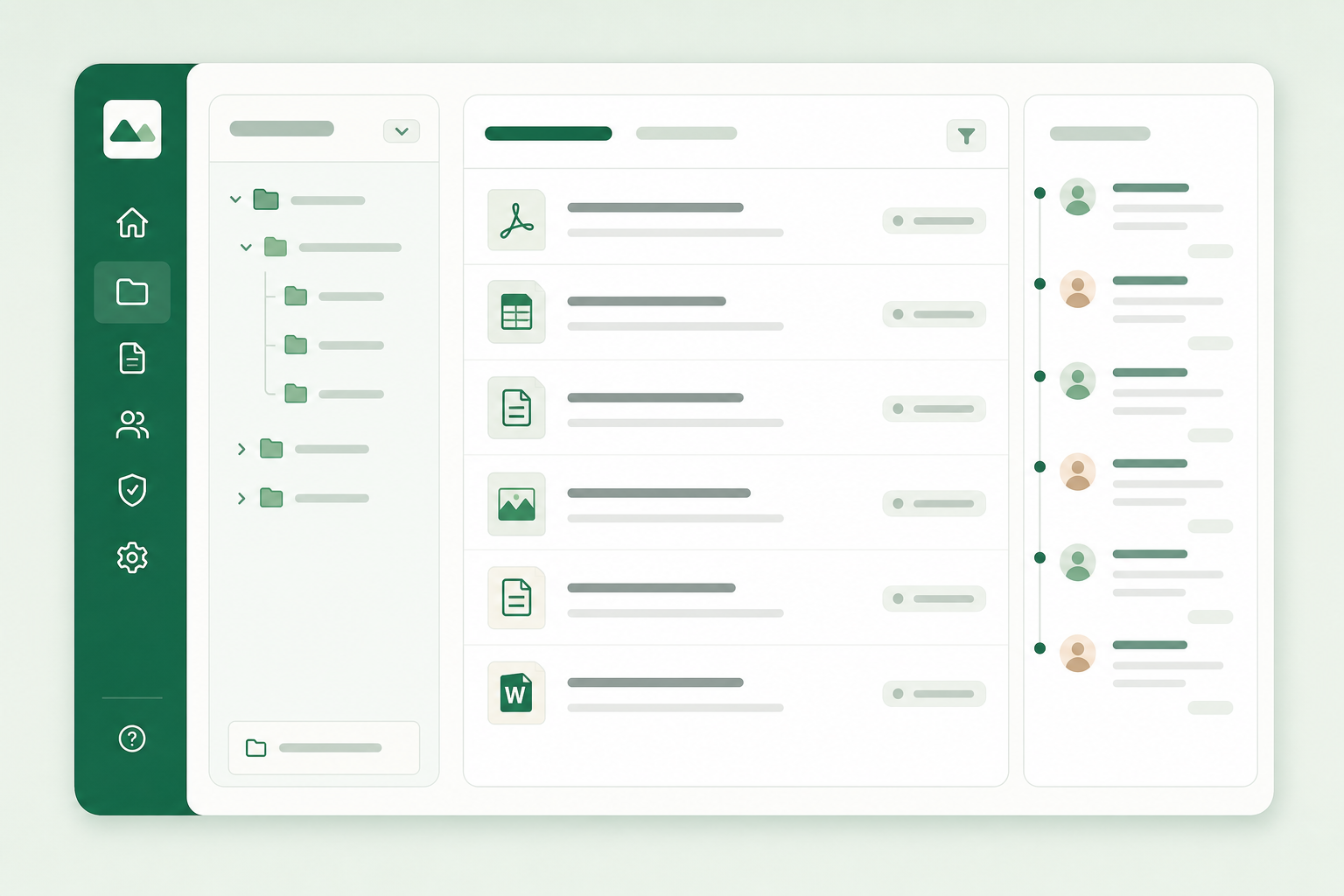 Organized Zapa client hub showing folders, document rows with timestamps, and a full activity history
