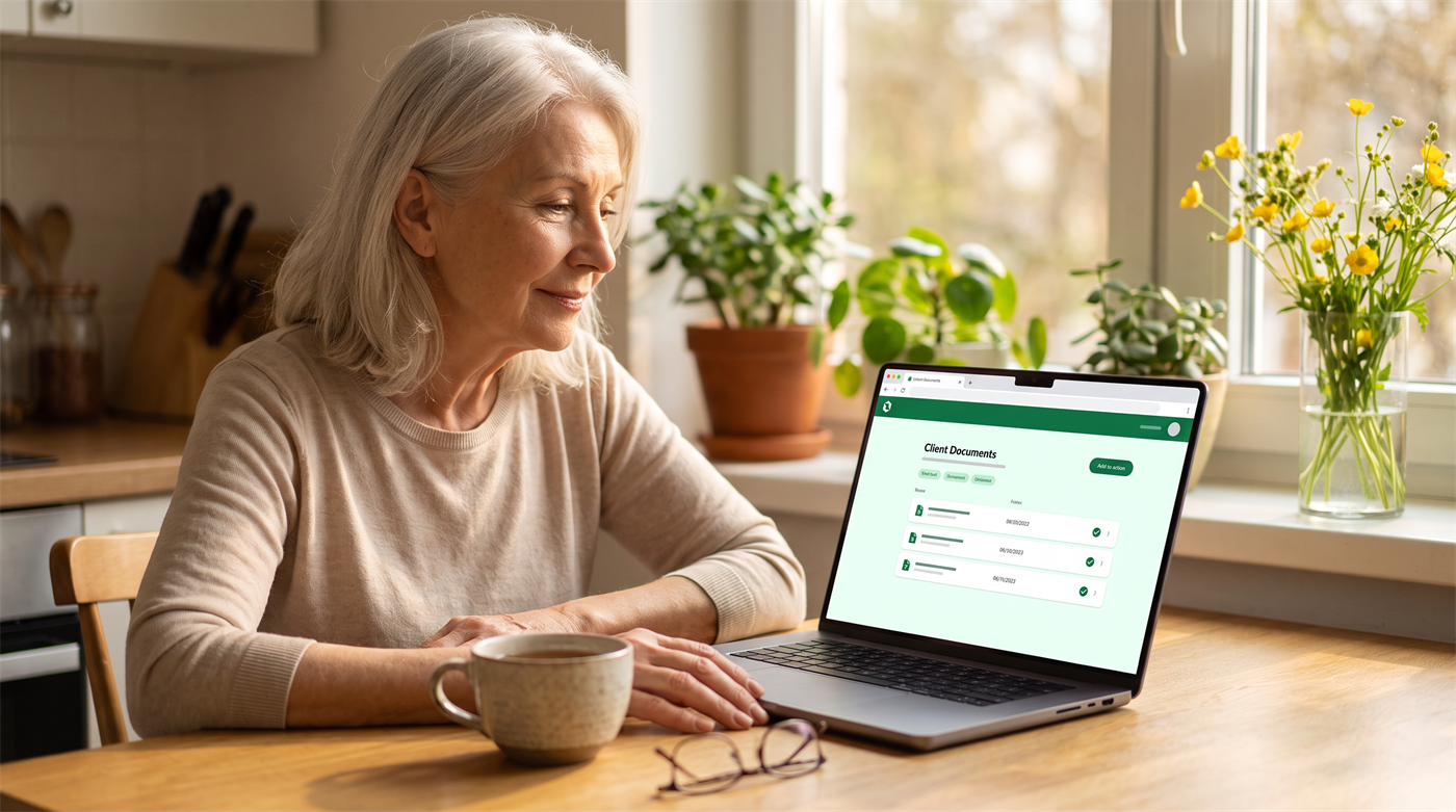 An elderly client happily uploading a tax document to her Zapa portal from her phone