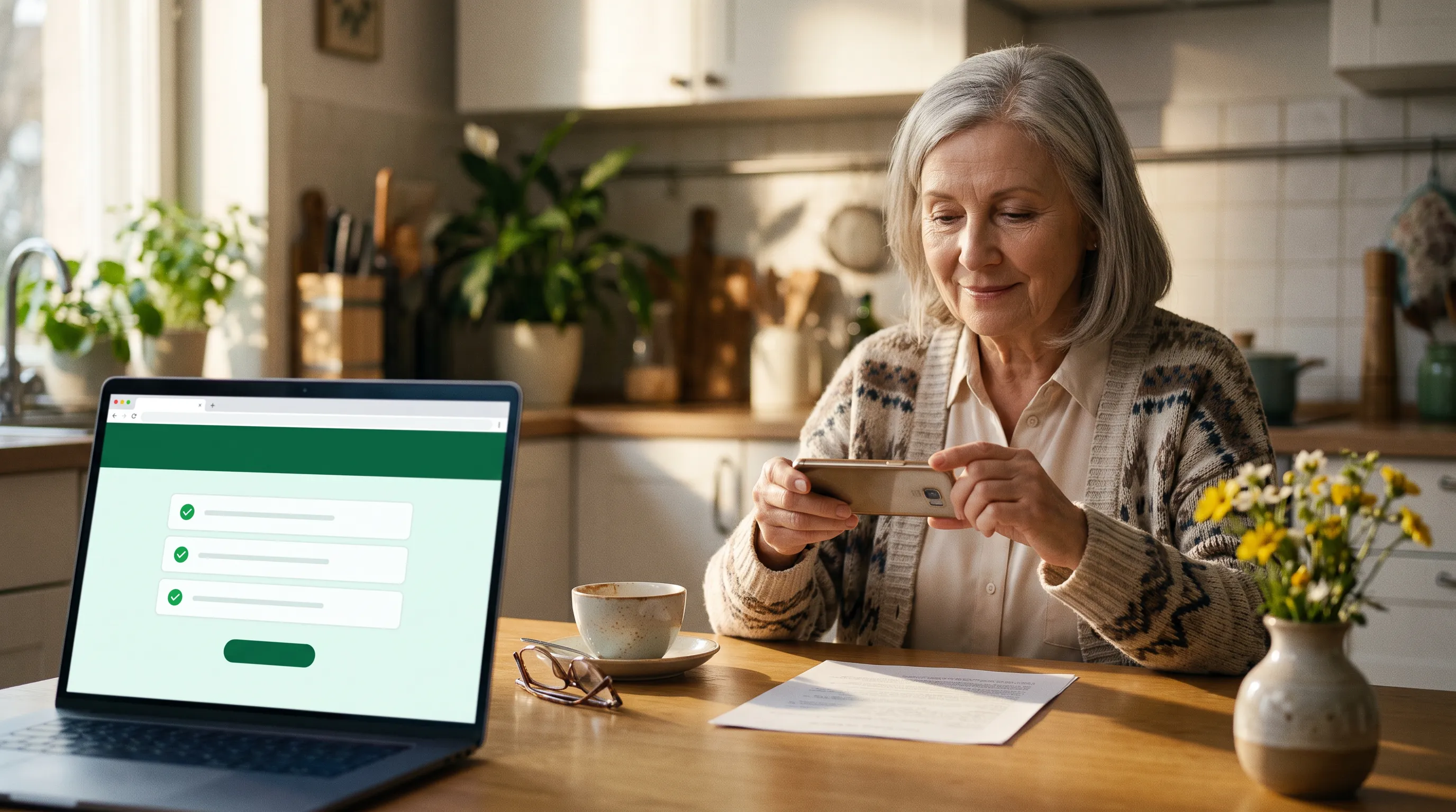 A woman in her late seventies at a sunlit kitchen table photographing a document with her phone, her client portal open on the laptop beside her