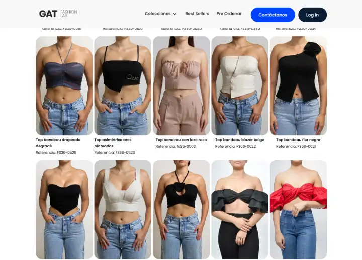 Screenshot del catálogo de ropa femenina al por mayor de GAT Fashion Lab