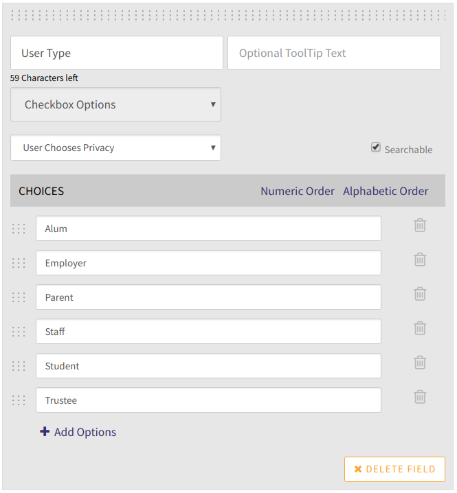 Screenshot of 360Alumni's custom field setup page