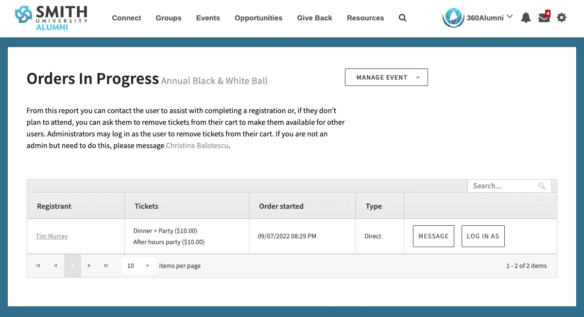Screenshot of 360Alumni's Orders in Progress Page