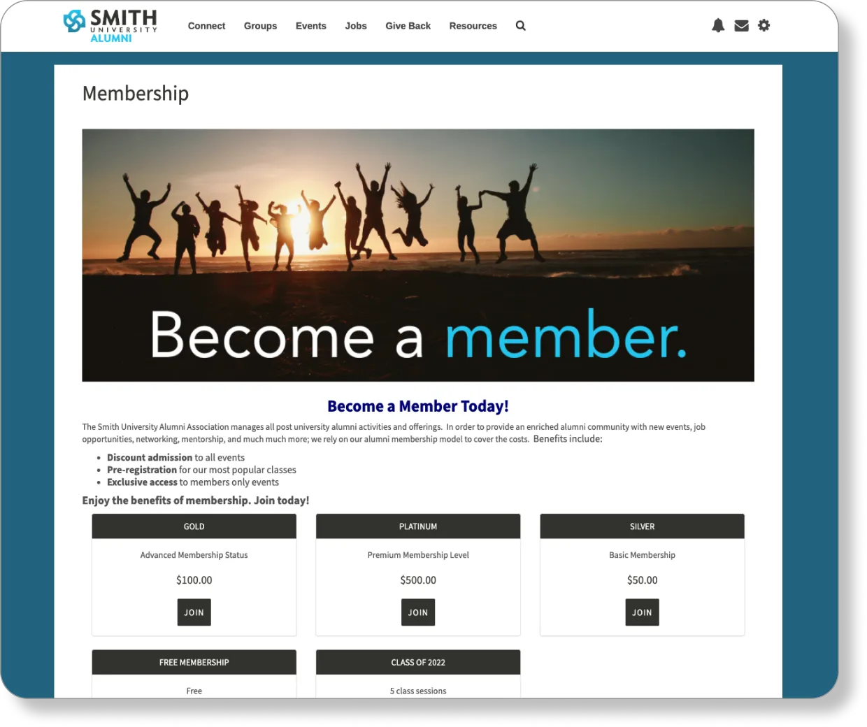 Manage and track dues payments and showcase your members. Additional fees apply.