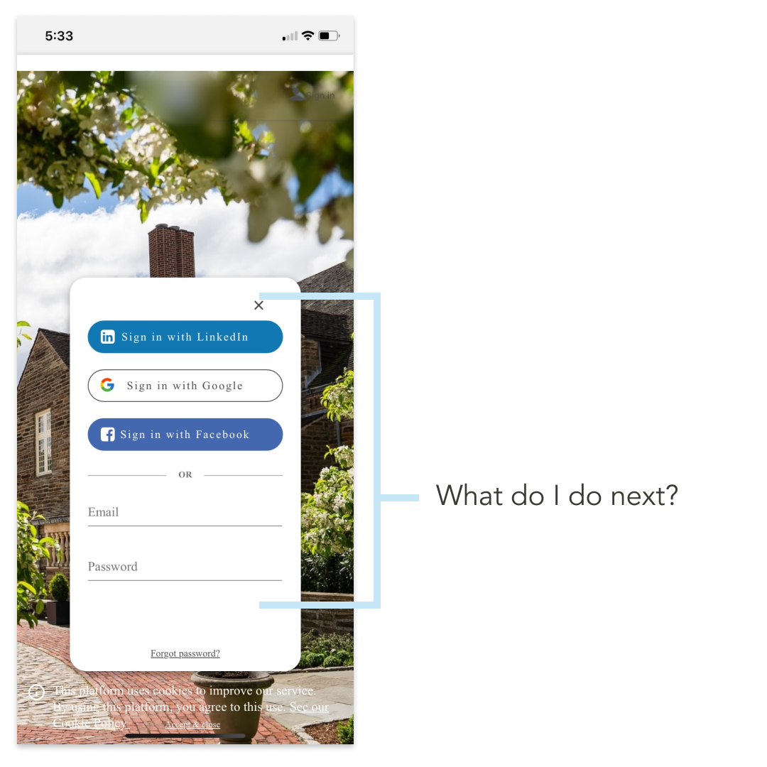 Login page for Company G's alumni app:  There is no visible button to sign in.