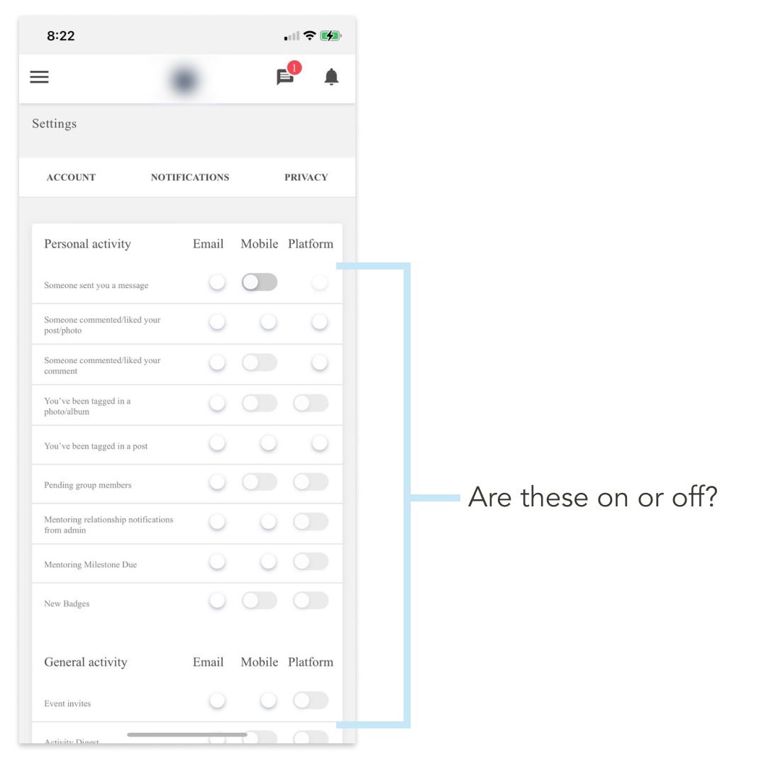 Notification settings page of Company G's Alumni Engagement App. It's impossible to tell if settings are on or off. In either position, no mobile push notifications are ever sent. 