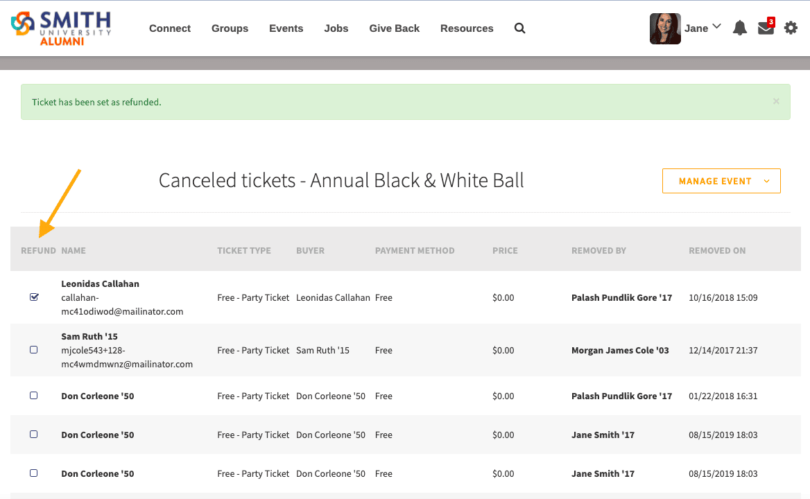 Refund column checked for each ticket refunded