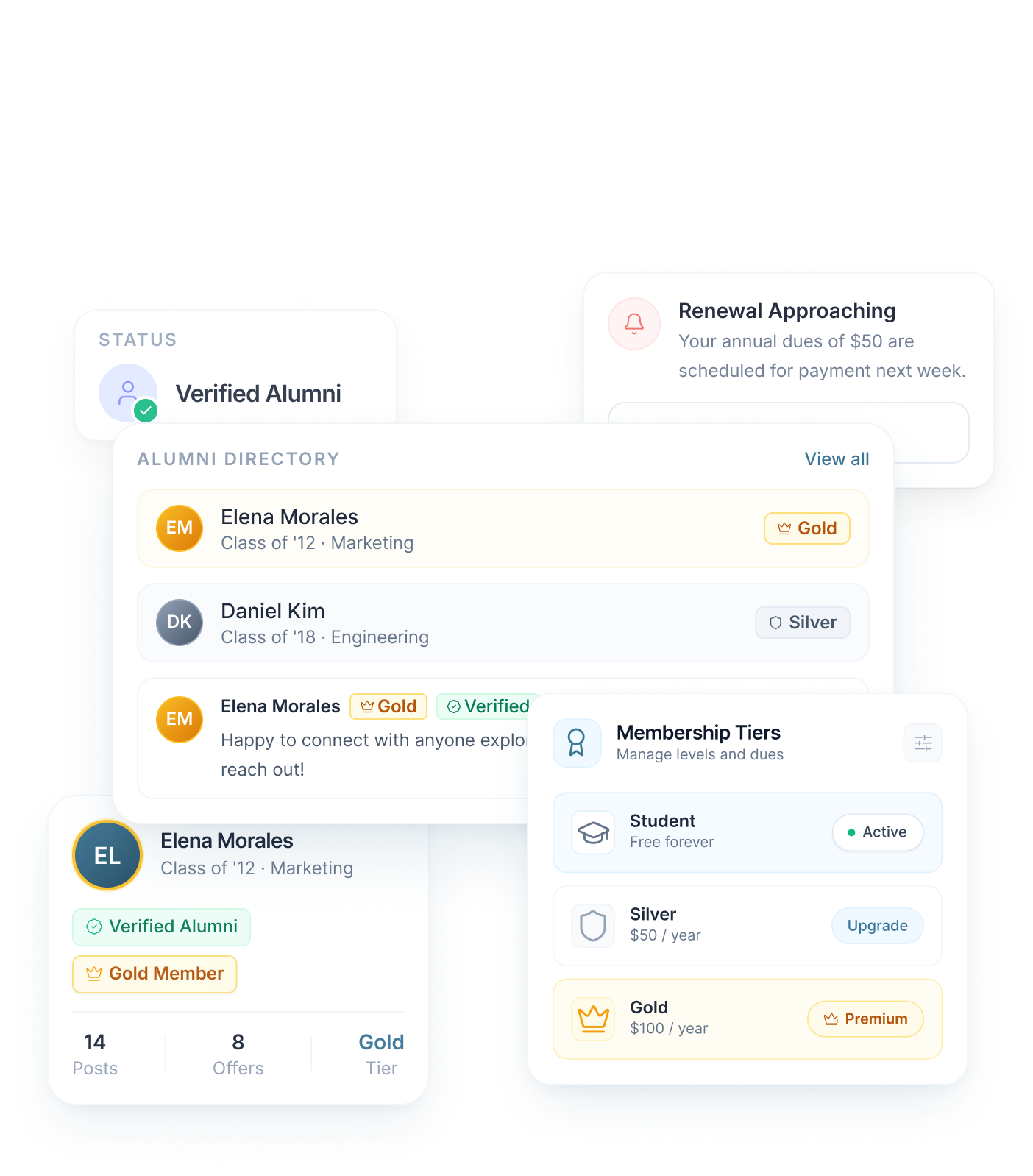 Manage and track dues payments and showcase your members. Additional fees apply.