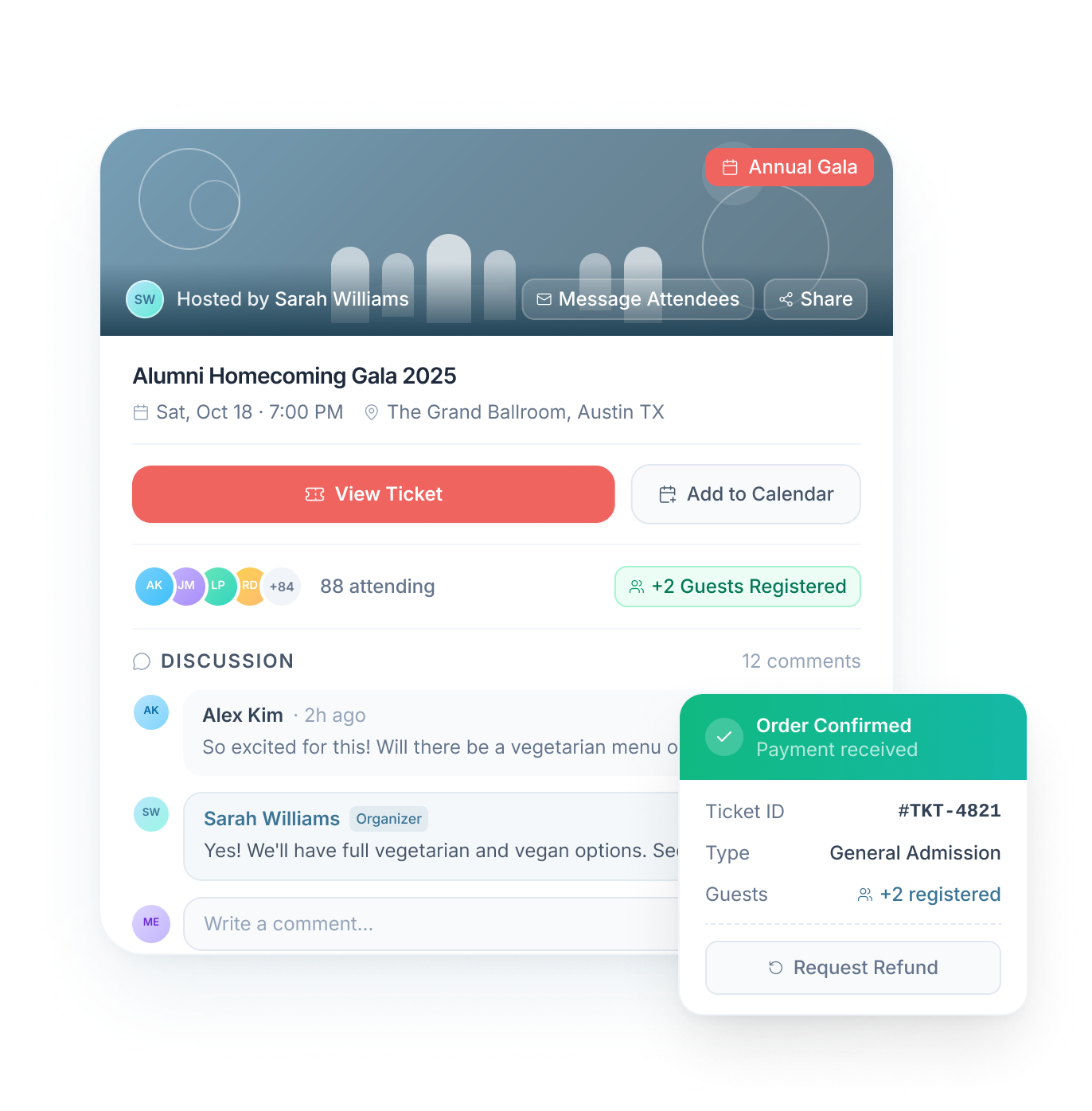 From reunions to career fairs to fundraising galas, centralize all your event registrations here.