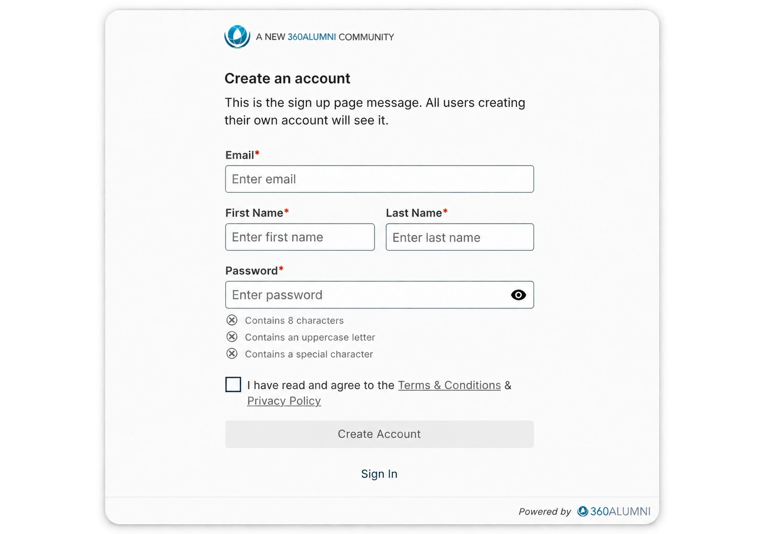 Sign up page message on the 360Alumni registration form
