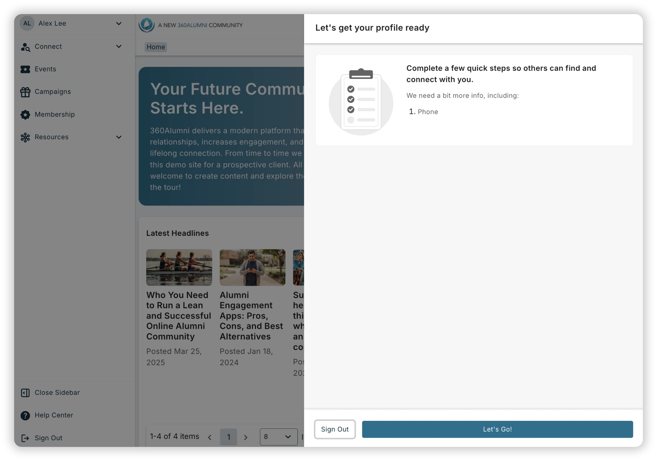 Required profile fields interface