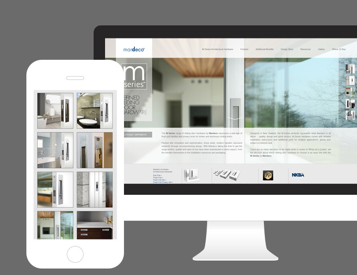 Mardeco architectural hardware website displayed on desktop and mobile screens