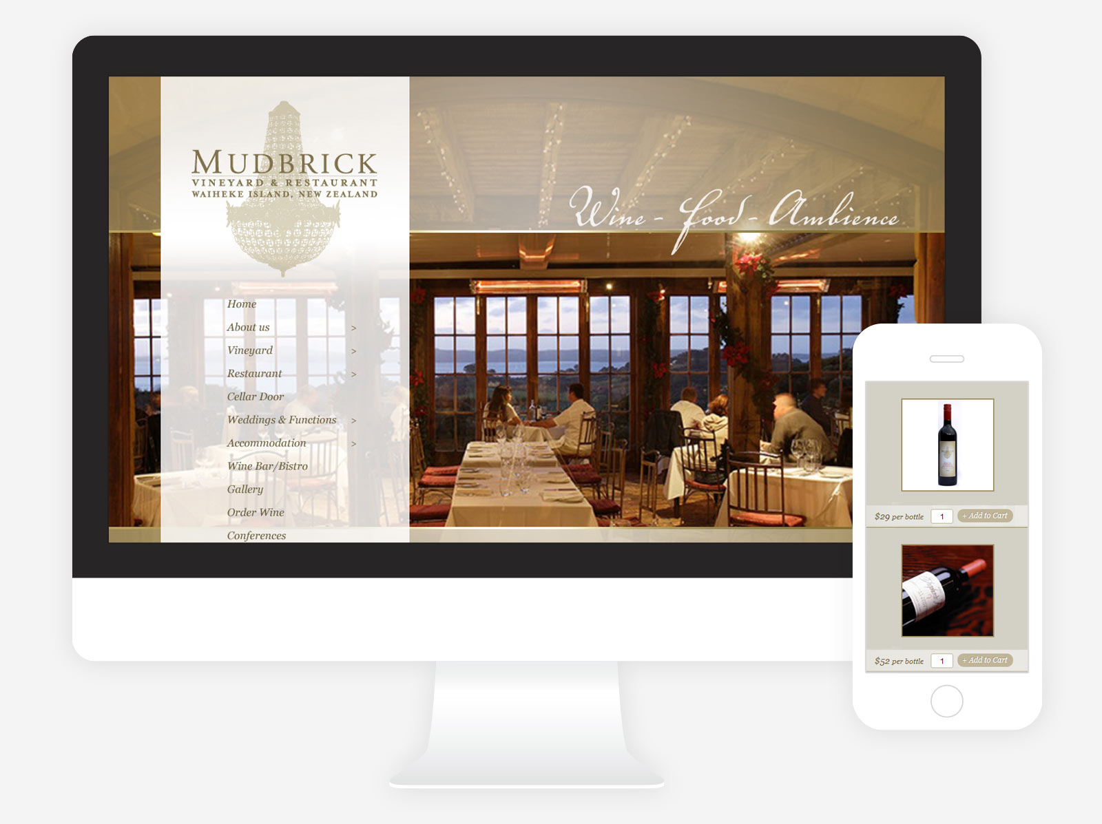 Mudbrick Restaurant and Vineyard website displayed on desktop and mobile screens