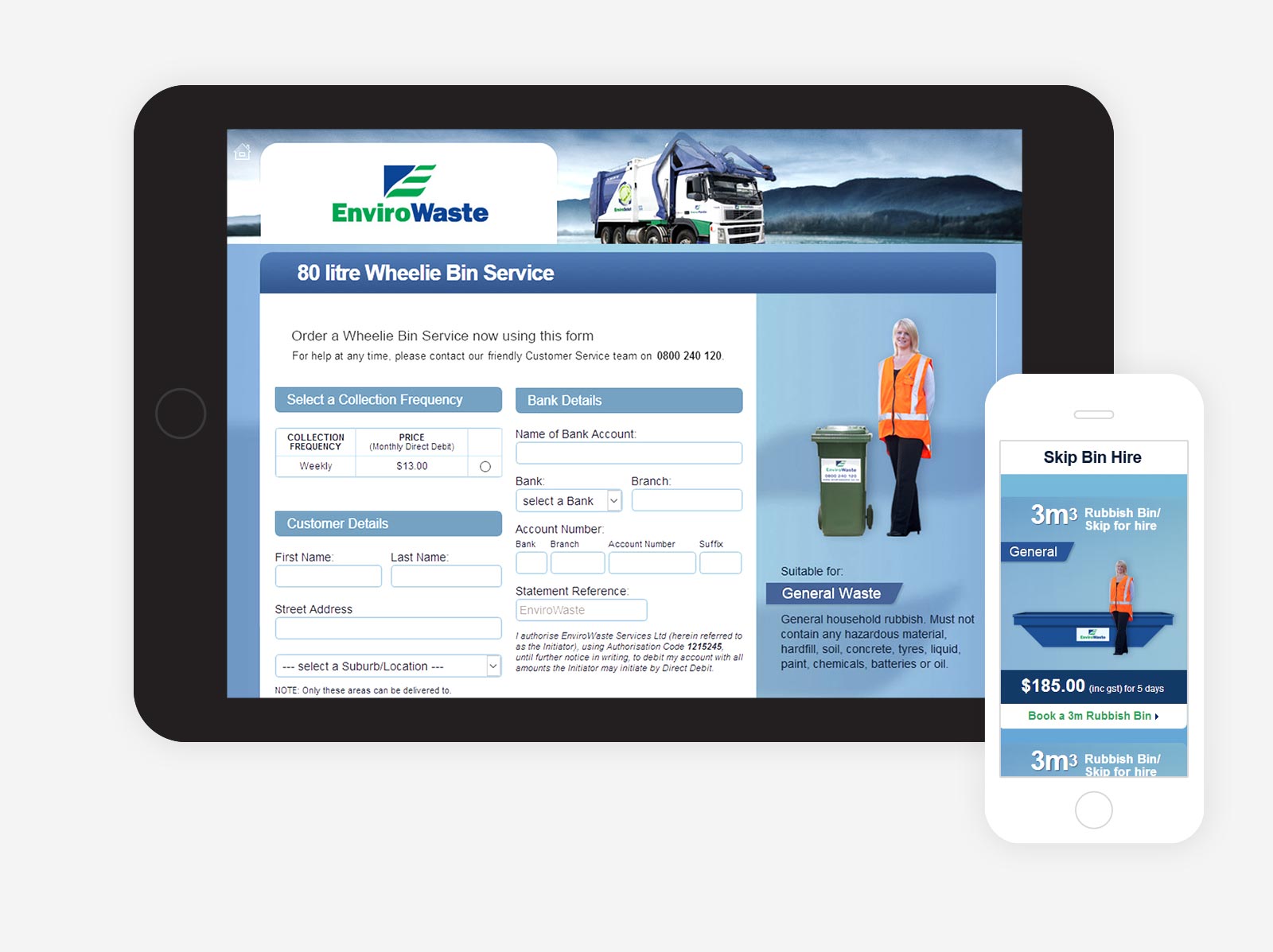 EnviroWaste online bin ordering system displayed on tablet and mobile screens