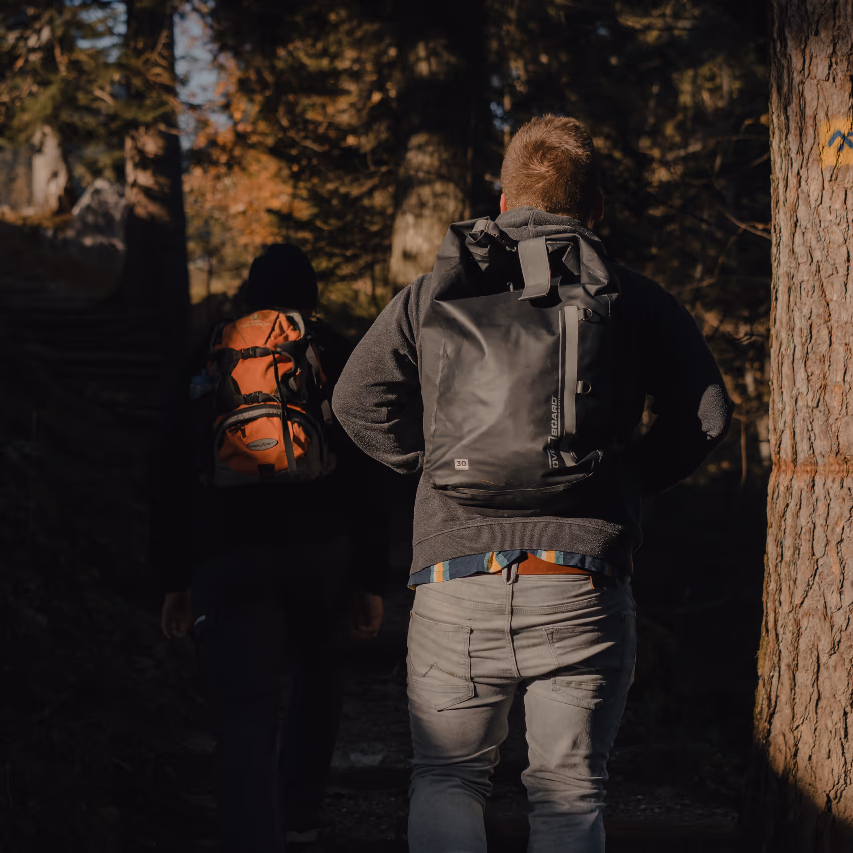 Wanderer auf dem Weg zur Bachschmied Kaser Alm durch einen herbstlichen Bergwald