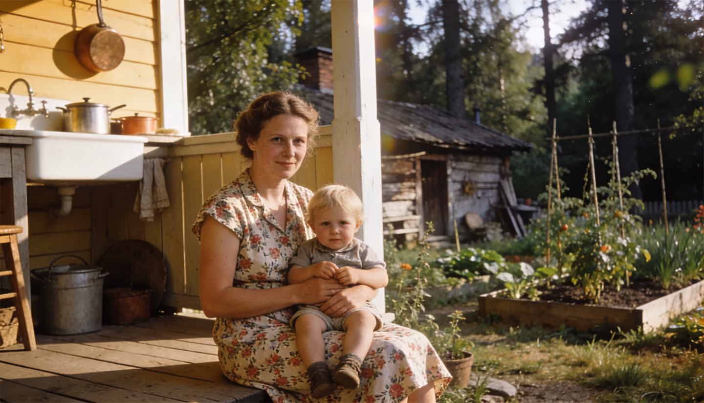 Mamma med barn i knät på en veranda vid ett gult trähus