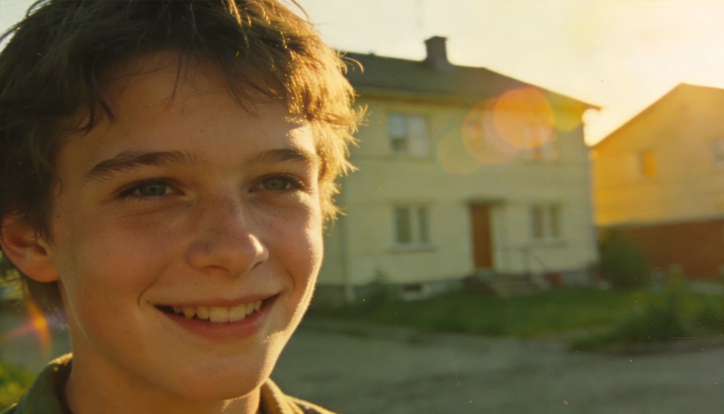 Mamma med barn i knät på en veranda vid ett gult trähus