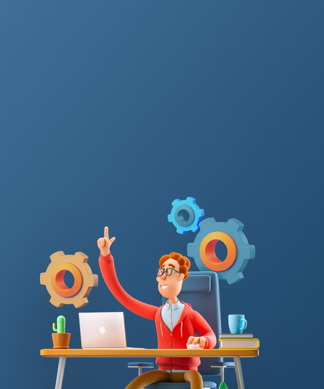 An employee sitting in front of their computer, raising their hand to answer a question