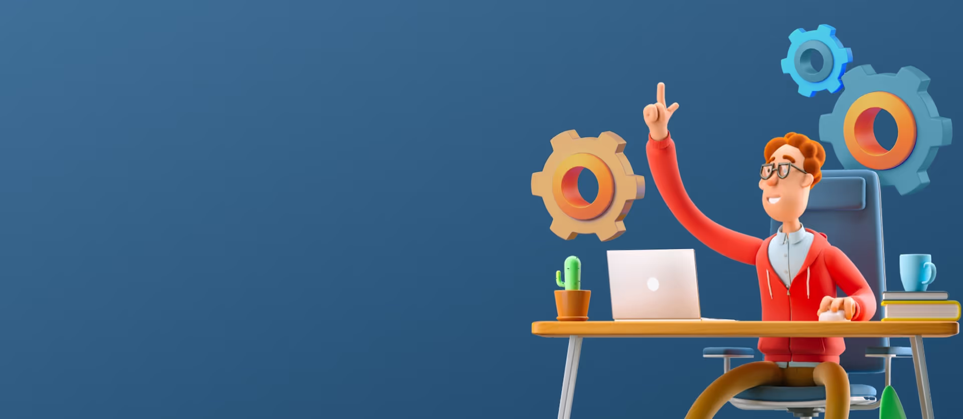 An employee sitting in front of their computer, raising their hand to answer a question