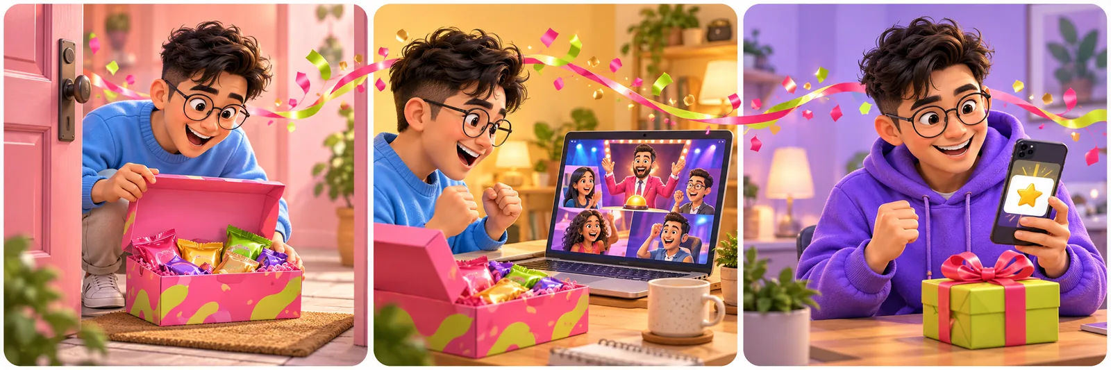 Three panels of a remote employee getting a snack box, laughing on a virtual team event, then getting a hoodie and shout-out