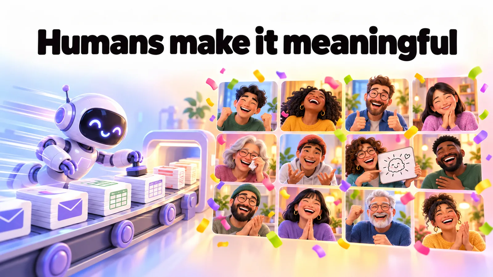 A small robot sorting emails beside twelve coworkers laughing on video, under the words Humans make it meaningful