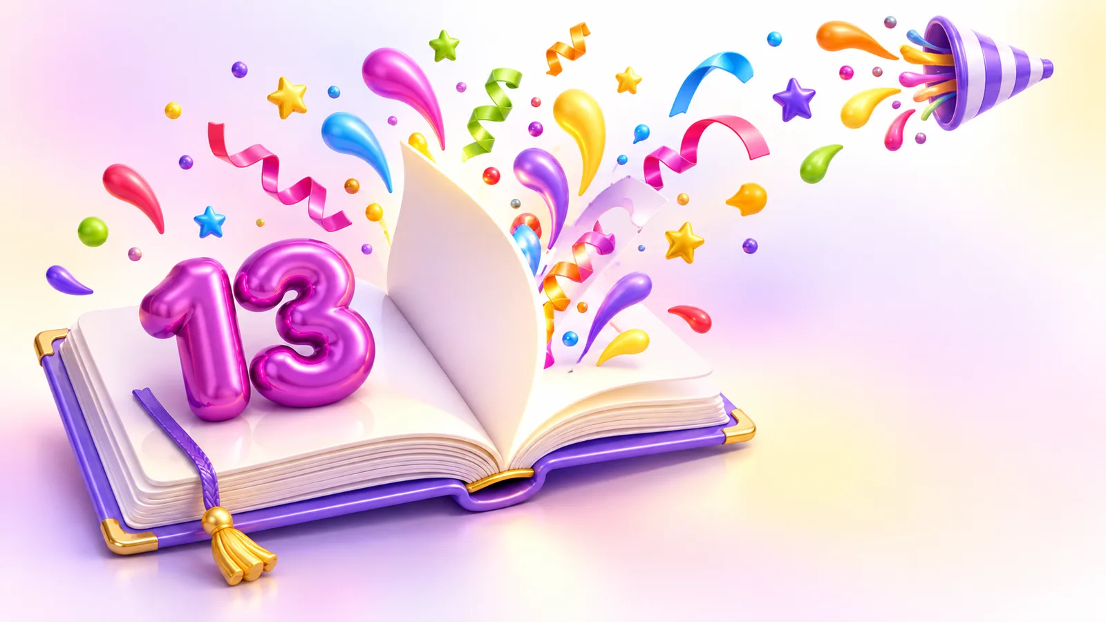 Open storybook erupting with colorful confetti beside a 13 balloon, marking Confetti's 13 years and next chapter