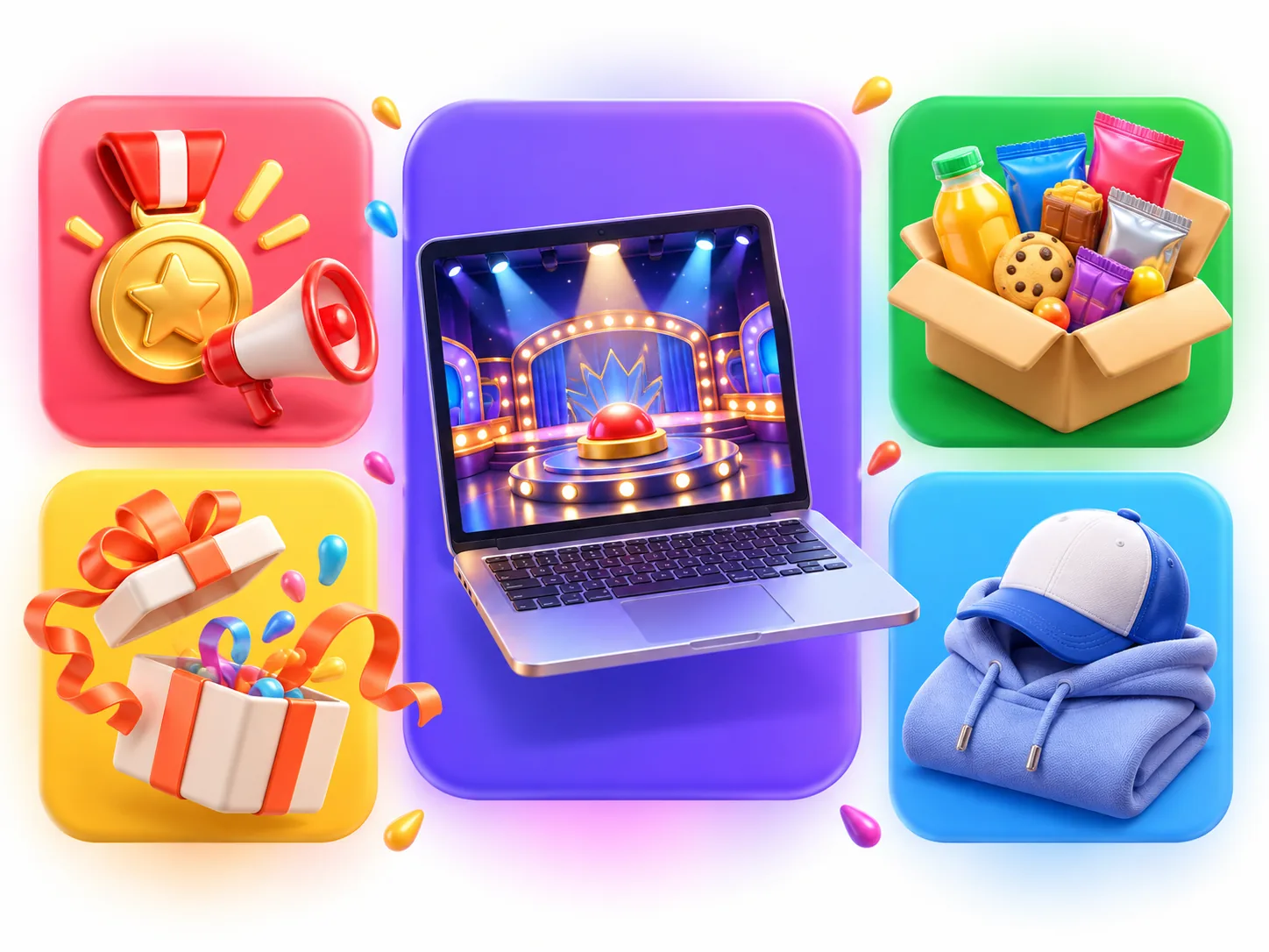 3D cards with a live virtual event, gold star, welcome gift, snack box and hoodie, showing the many ways teams connect
