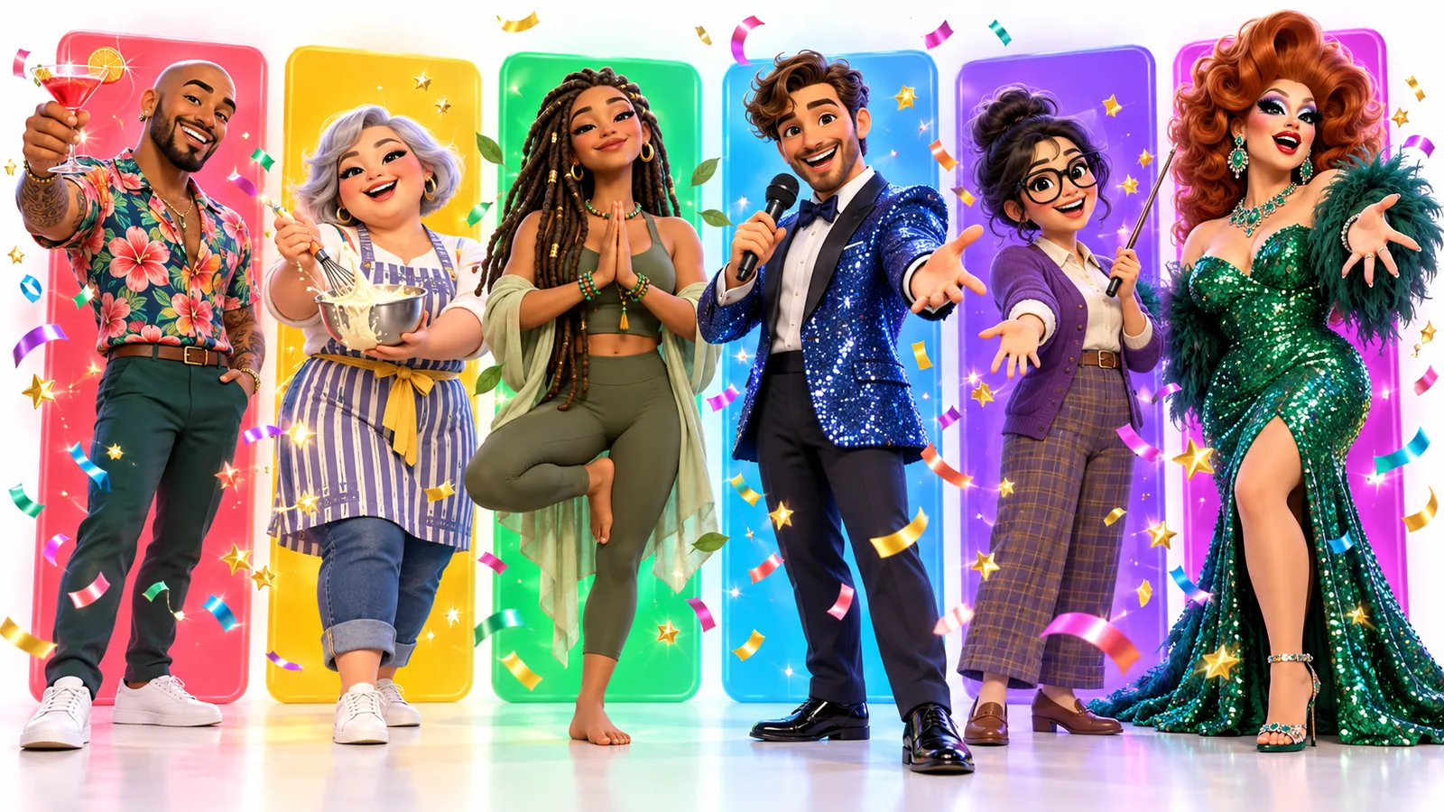 Six animated team building hosts, from a mixologist to a drag performer, posing in front of colorful cards amid confetti