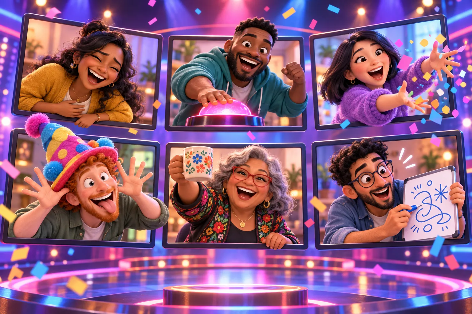 Animated remote coworkers leaning out of video-call screens to laugh, buzz in and toss confetti during virtual team building