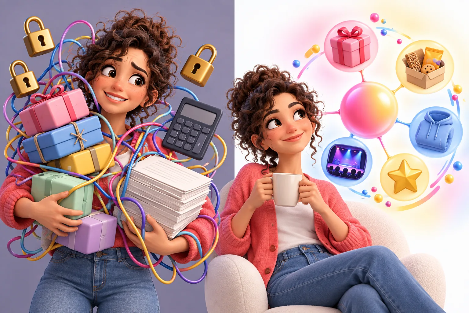 Split illustration of an HR coordinator juggling parcels, contracts and logins, then relaxing with it all in one place