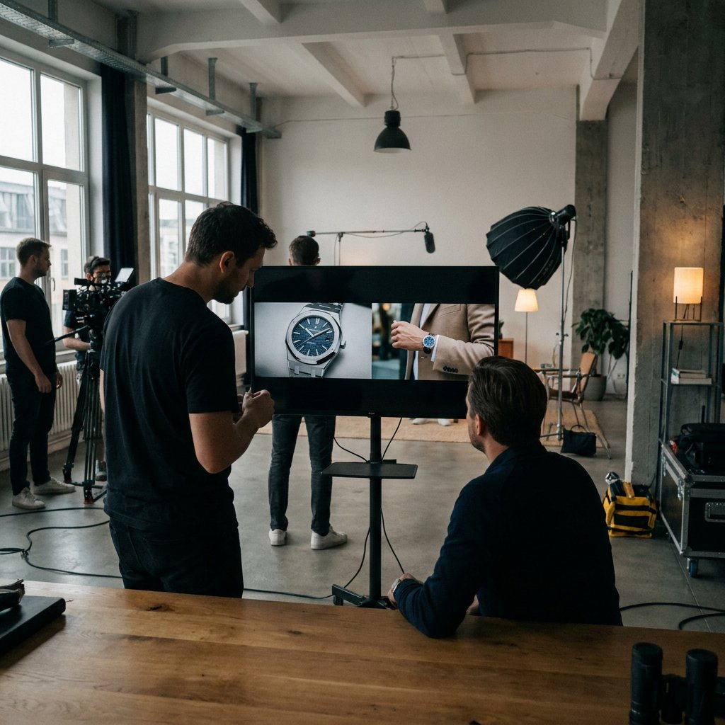 Videoteam in Europese studio filmt een product terwijl op een regiomonitor zowel detailshots als een gebruikssituatie met klantwaarde zichtbaar zijn.