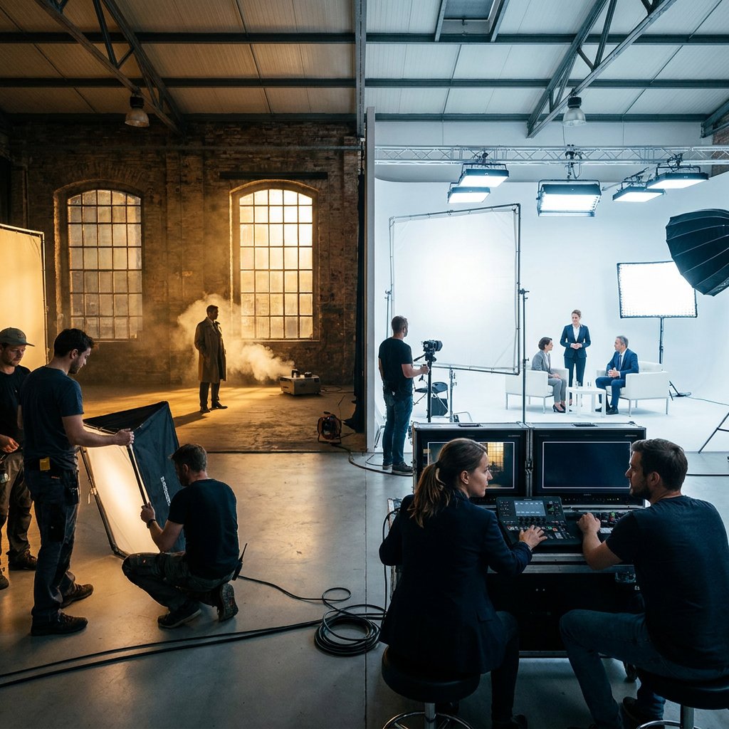 Breed studio-overzicht met twee sets: links een warme, filmische brandfilm scène met acteur; rechts een heldere corporate interviewset met crew en lampen.