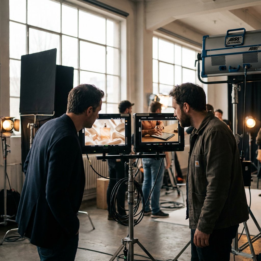 Creative director in a studio reviews two monitors: one shows a glossy lifestyle commercial, the other a hands-on product demo, with crew and lights nearby.