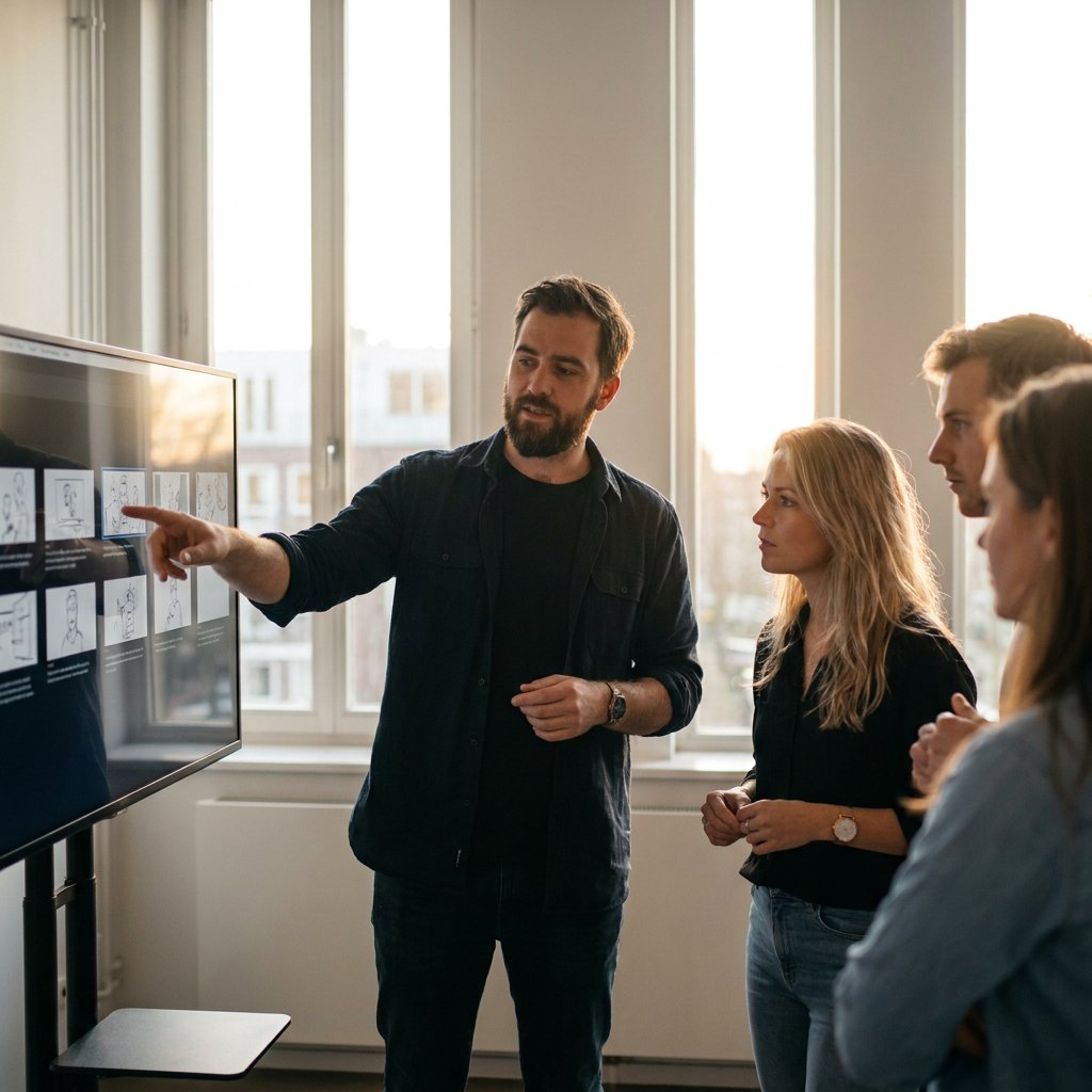 Regisseur en marketingteam in een licht studio-kantoor bekijken een monitor met storyboardframes; cinema camera en lichtstatief op de voorgrond, Europese setting.