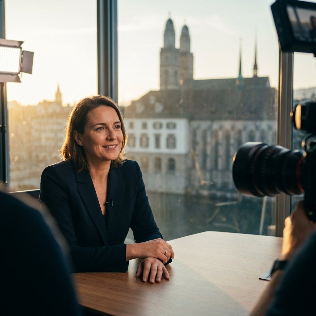 CEO in modern glazen kantoor kijkt in de lens. 4K camera op statief, zachte LED-keylight en raamlicht, laveliermicrofoon zichtbaar op revers.
